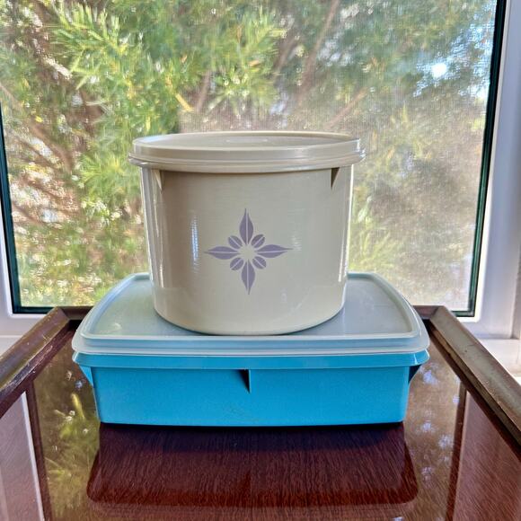 Vintage Tupperware Lot – Blue Divided Container & Beige Round Container - Picture 2 of 15